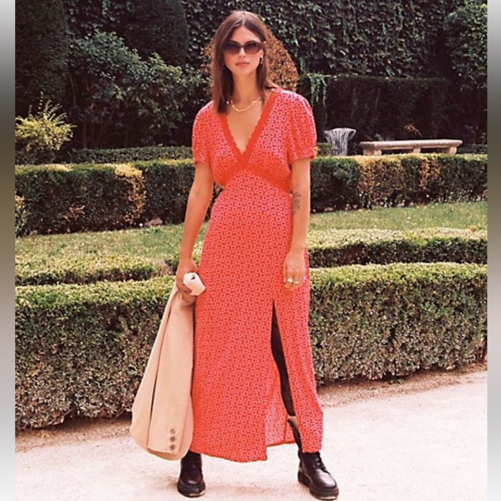 Free People Red Floral Maxi Dress with V-Neck